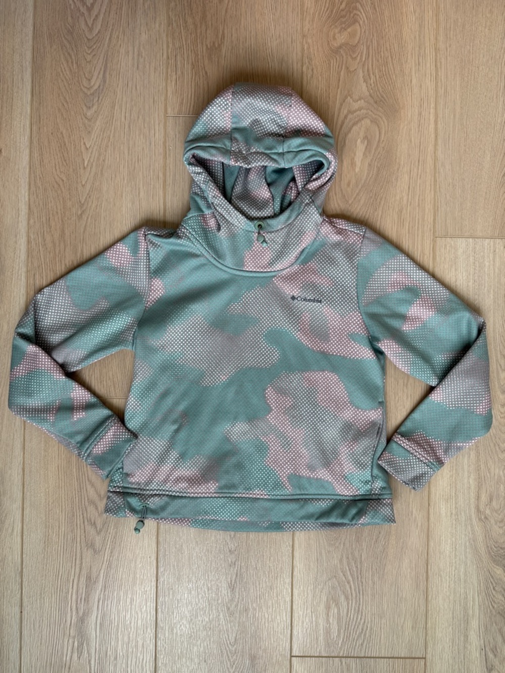 Columbia Out-Shield Green + Muted Pink Dot Fleece Lined Hoodie Pullover FITS XS